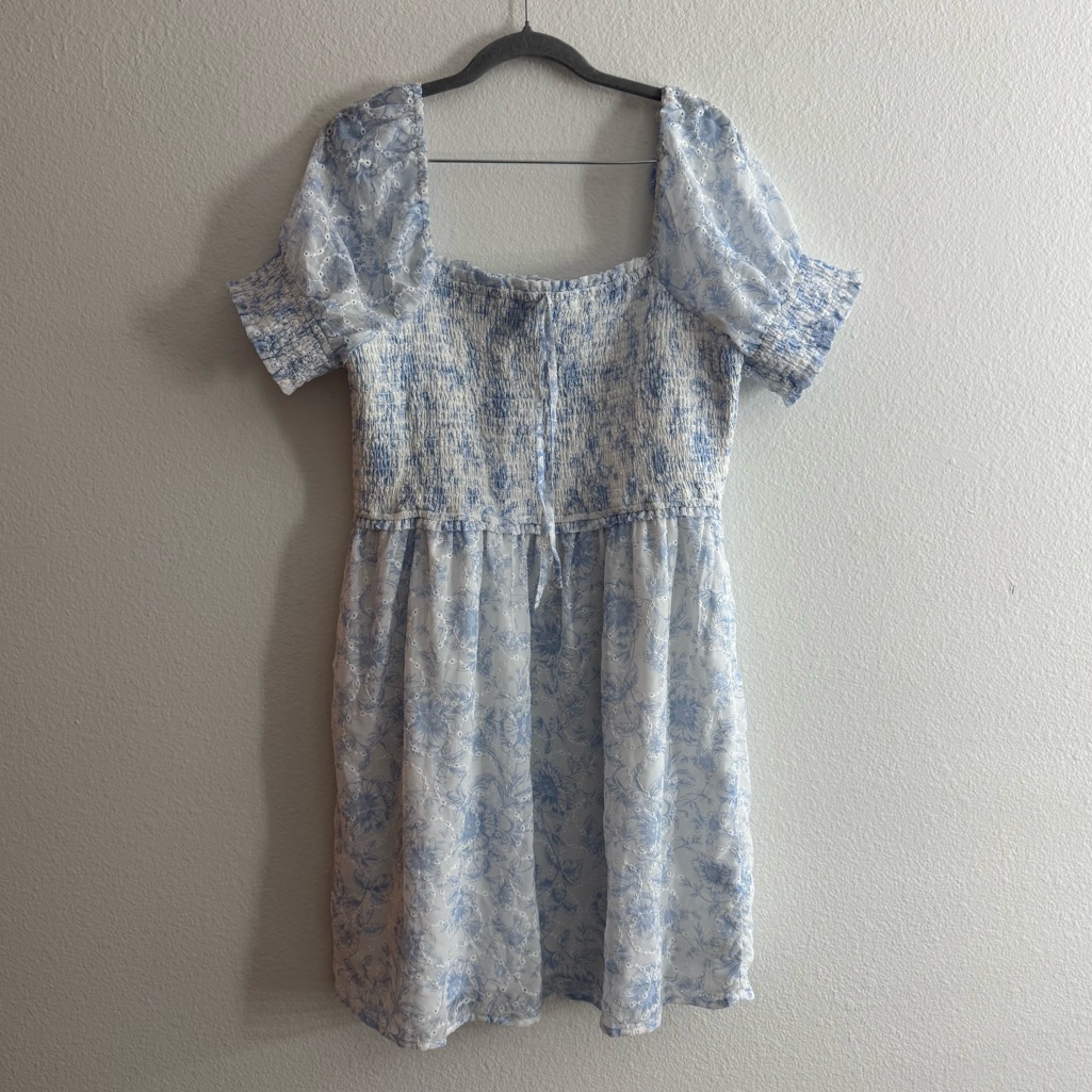 Untagged White And Blue Floral Smocked Cottagecore Tea Mini Dress Xl/Xxl